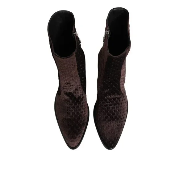Dolce & Gabbana Brown Cotton Velvet Mid Calf Short Boots  display picture 2